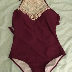 Cute Maroon Lace One-Piece Swimsuit💖