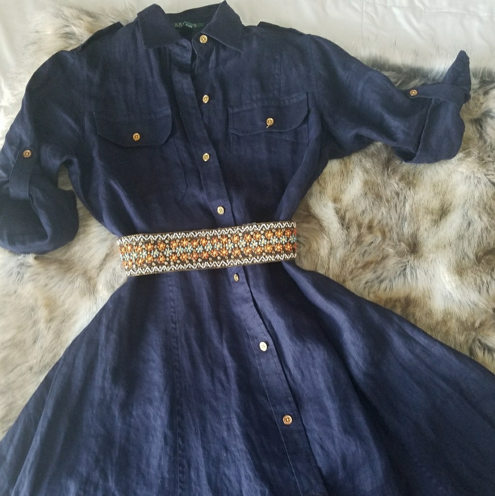 Ralph Lauren navy linen dress with gold buttons.