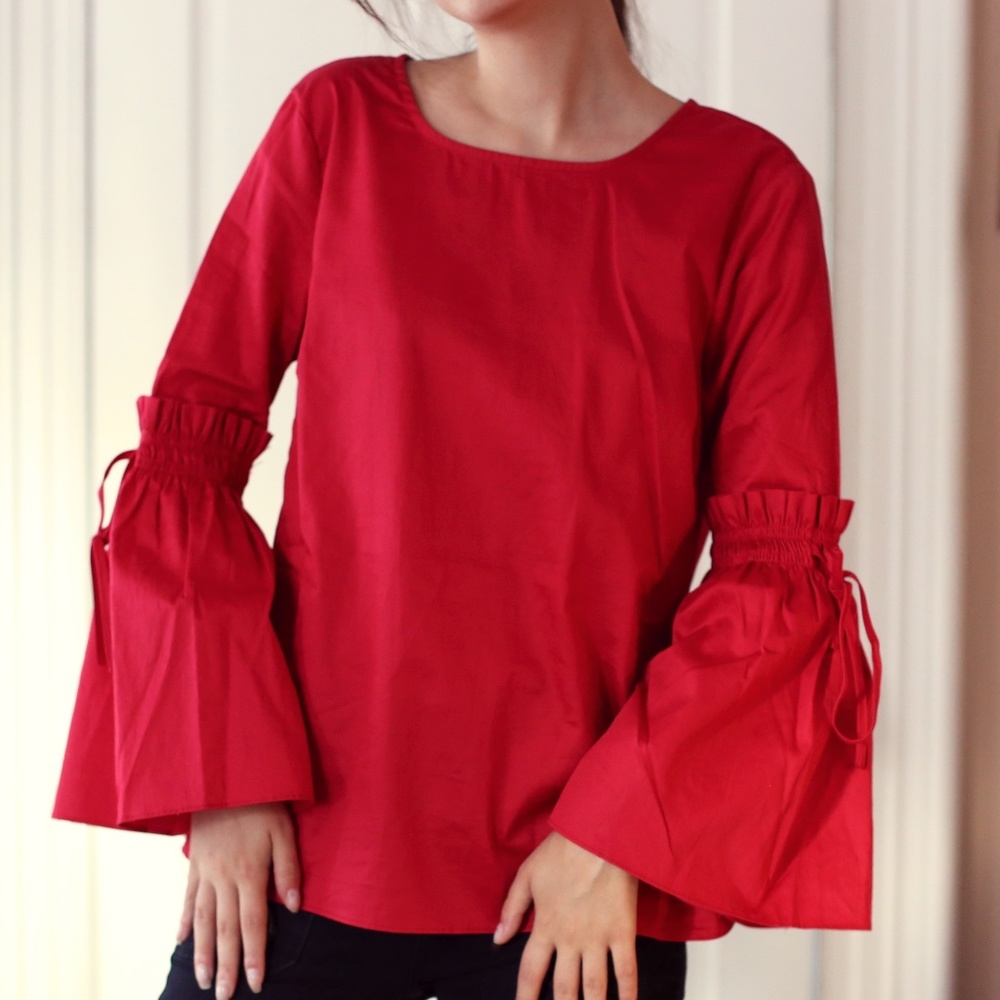 Jane & Delancey Red Bell Pleated Flare Sleeve Top