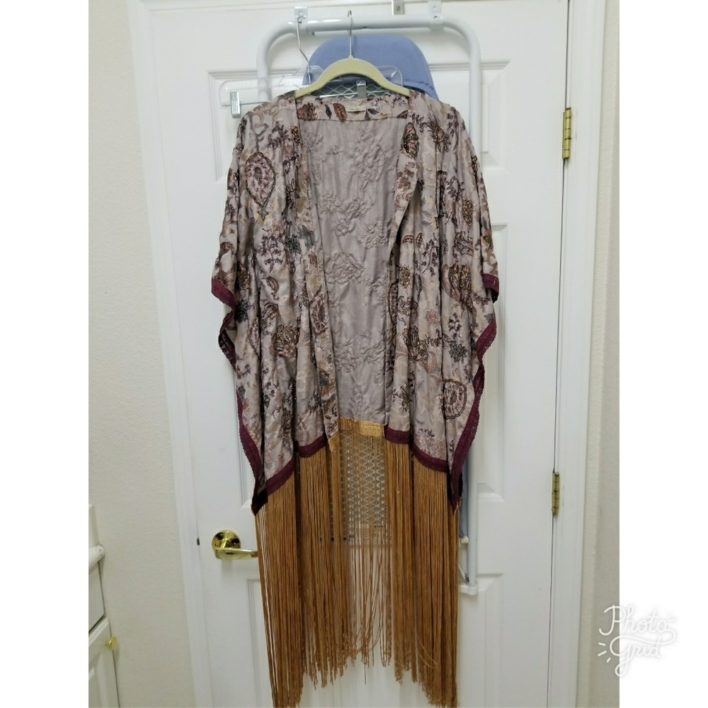 NWT ecote beaded, velvet and poly, fringe kimono
