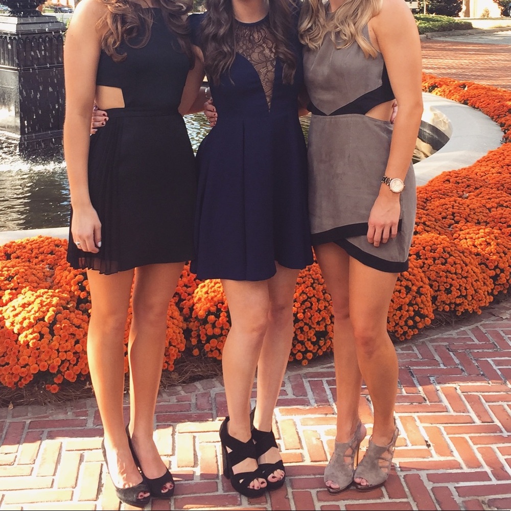 BCBG Navy Fit and Flare Mesh Lace Cocktail Dress