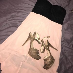 Baby pink and black high-low strapless dress