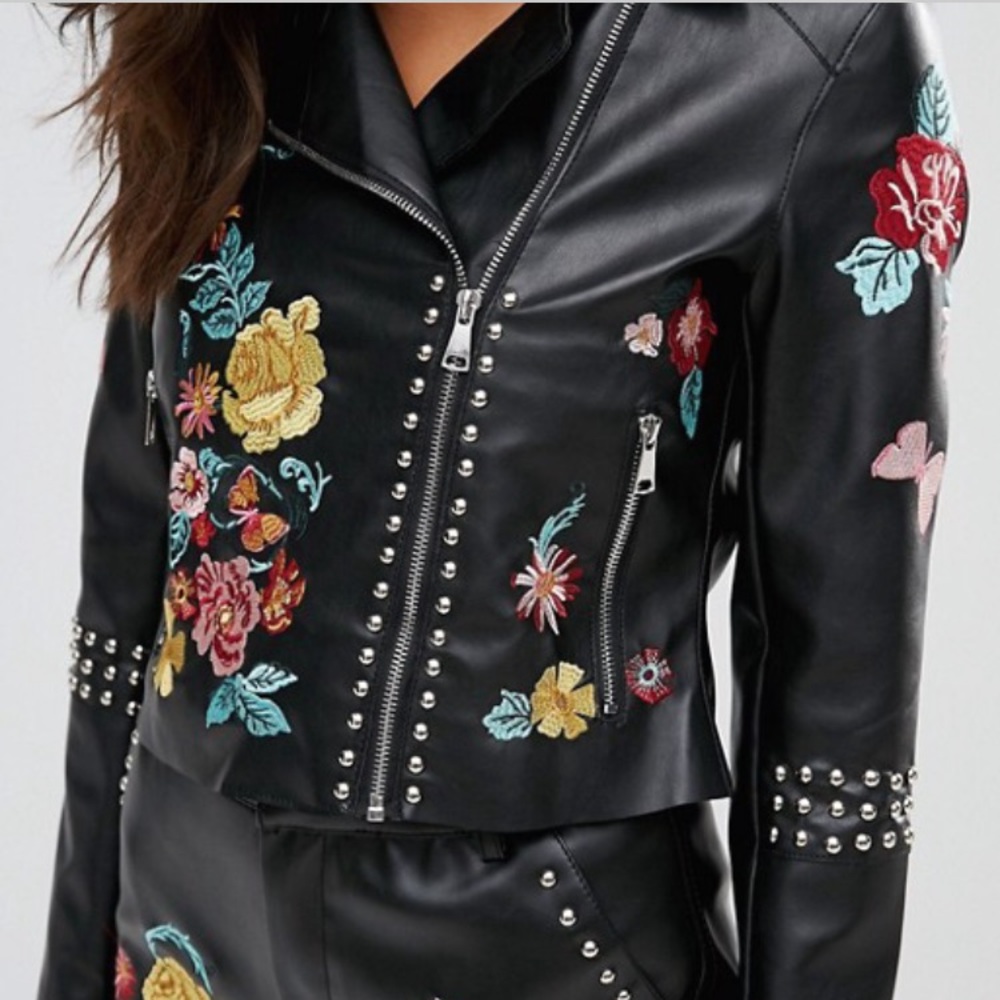 Glamorous Faux Leather Floral Embroidery Jacket