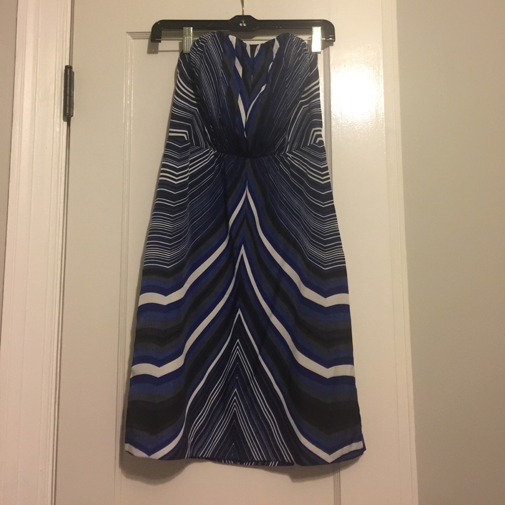 Strapless navy, white, black, grey patterned dress
