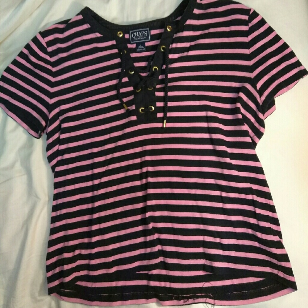 Chaps pink/black striped v-neck tshirt