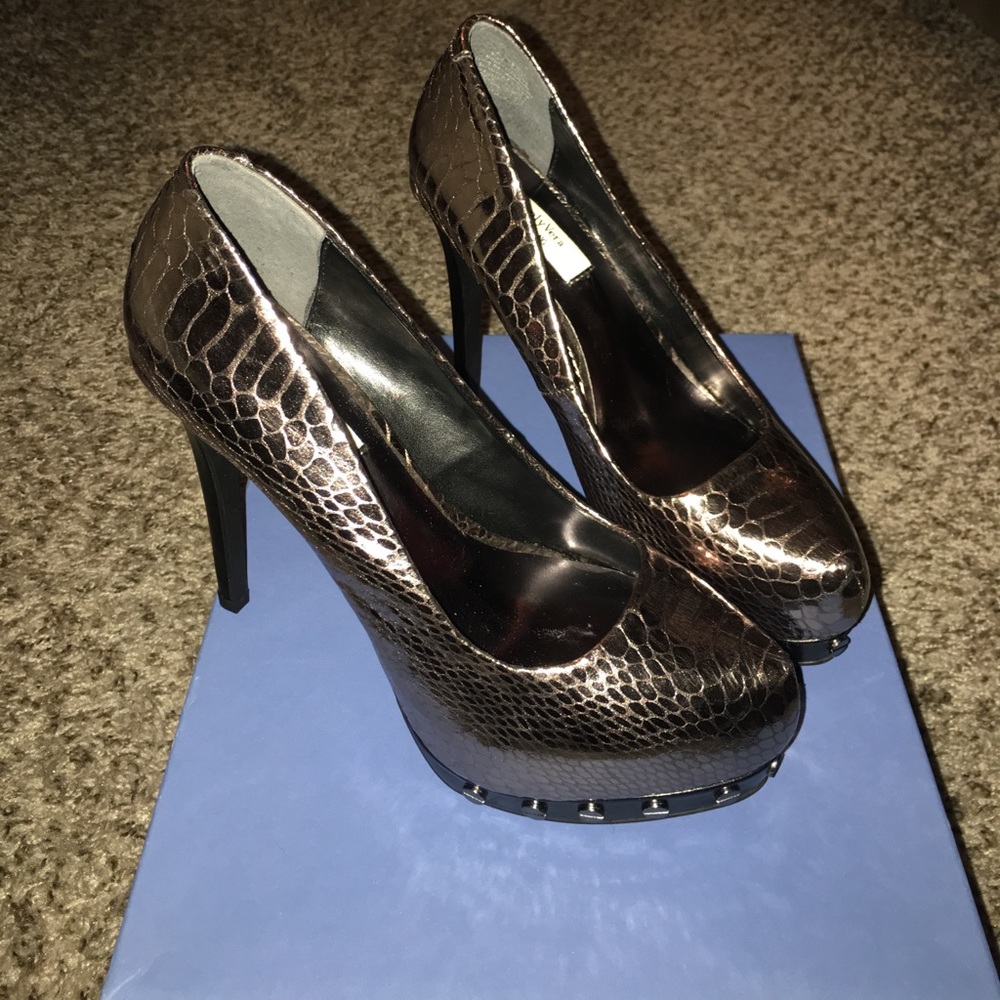 Metallic silver heels