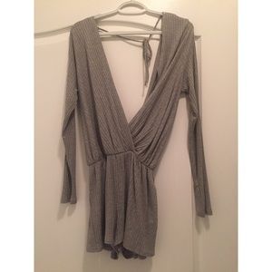 Gray Long sleeve Romper with plunging neckline