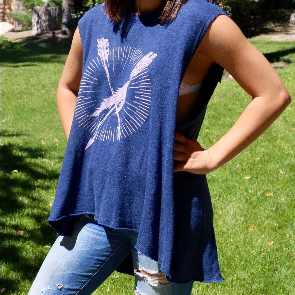 Blue and pink graphic sleeveless sweater top
