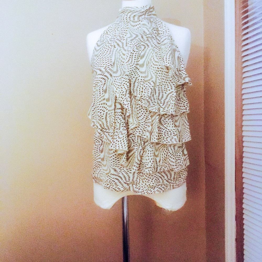 Ivory w/Black Print Ruffled Sleveless Top- Medium