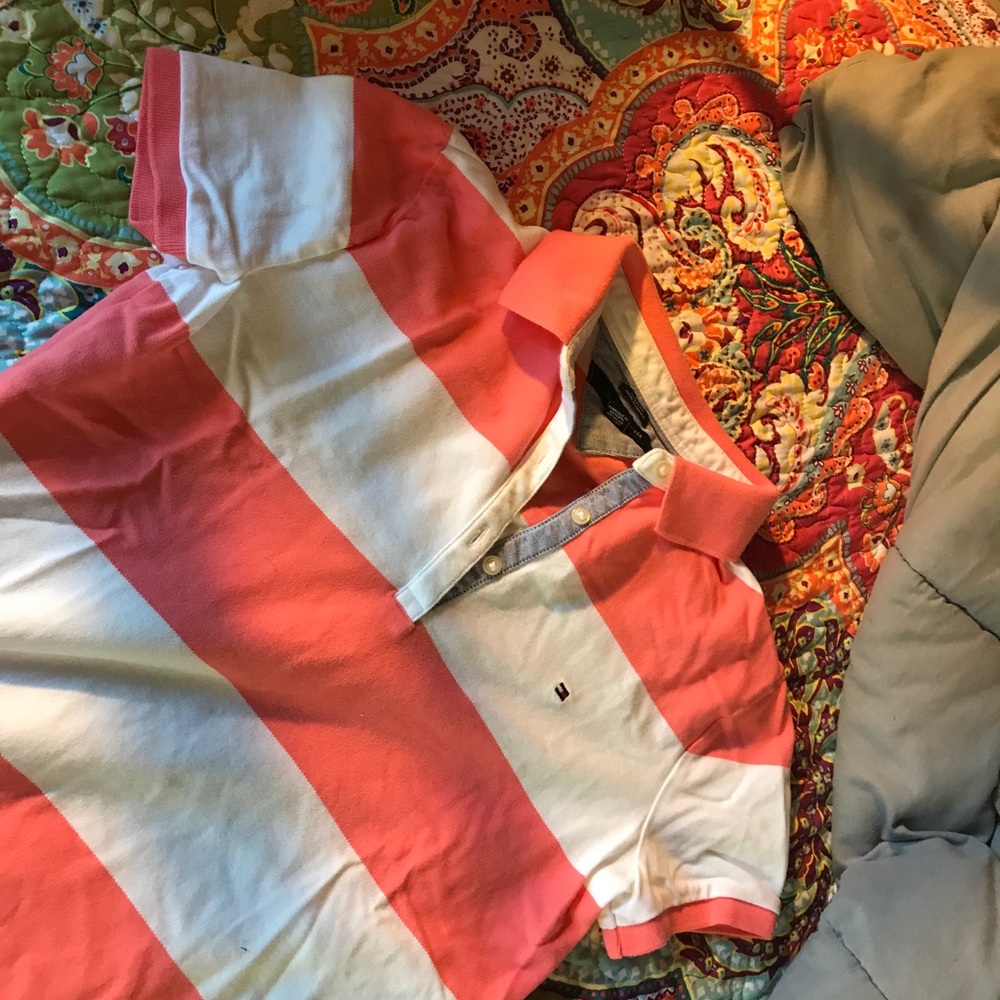 Pink and White Striped Tommy Hilfiger Polo Shirt