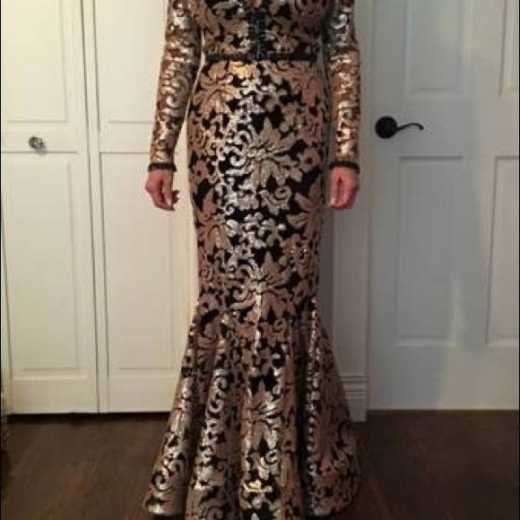 Black and Gold long Sleeved Jonathan Kayne Gown - Picture 2 of 6