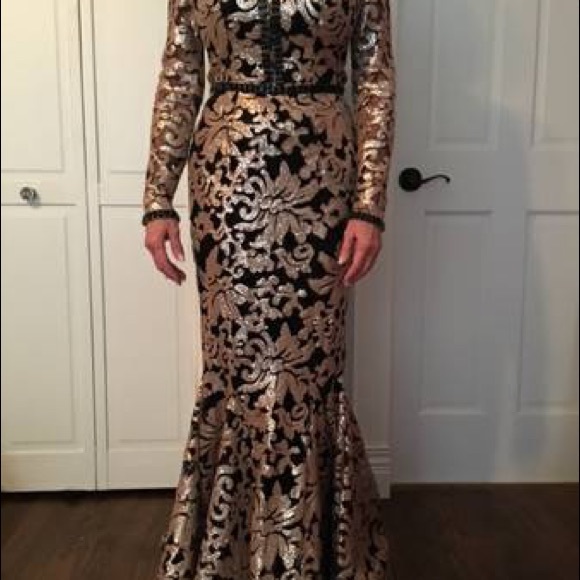 Black and Gold long Sleeved Jonathan Kayne Gown - Picture 3 of 6