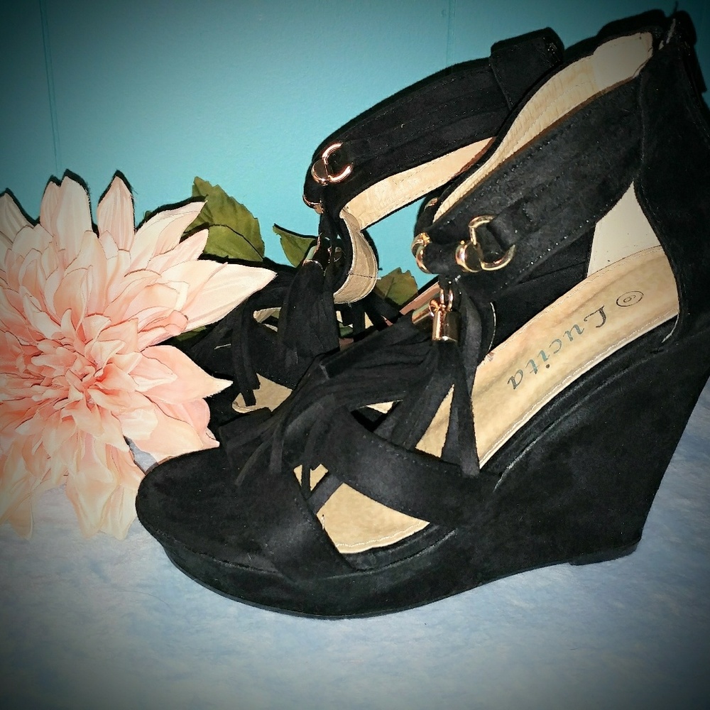 Lucita Black Fringe Tassle Wedges