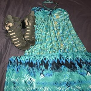 Blue and green color schemed halter dress