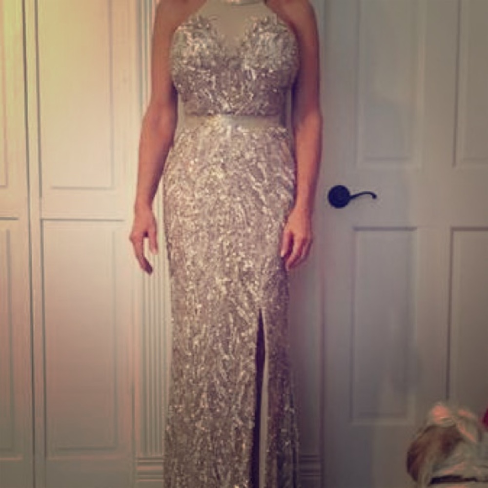 Macduggal silver and pale pink beaded gown