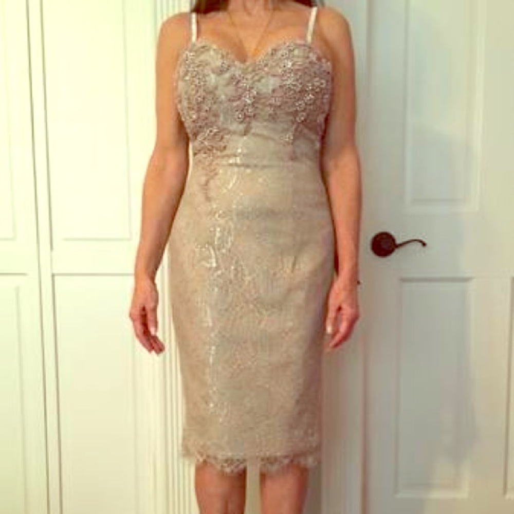 Terani taupe cocktail dress with cape