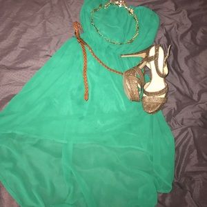 Green high-low strapless dress
