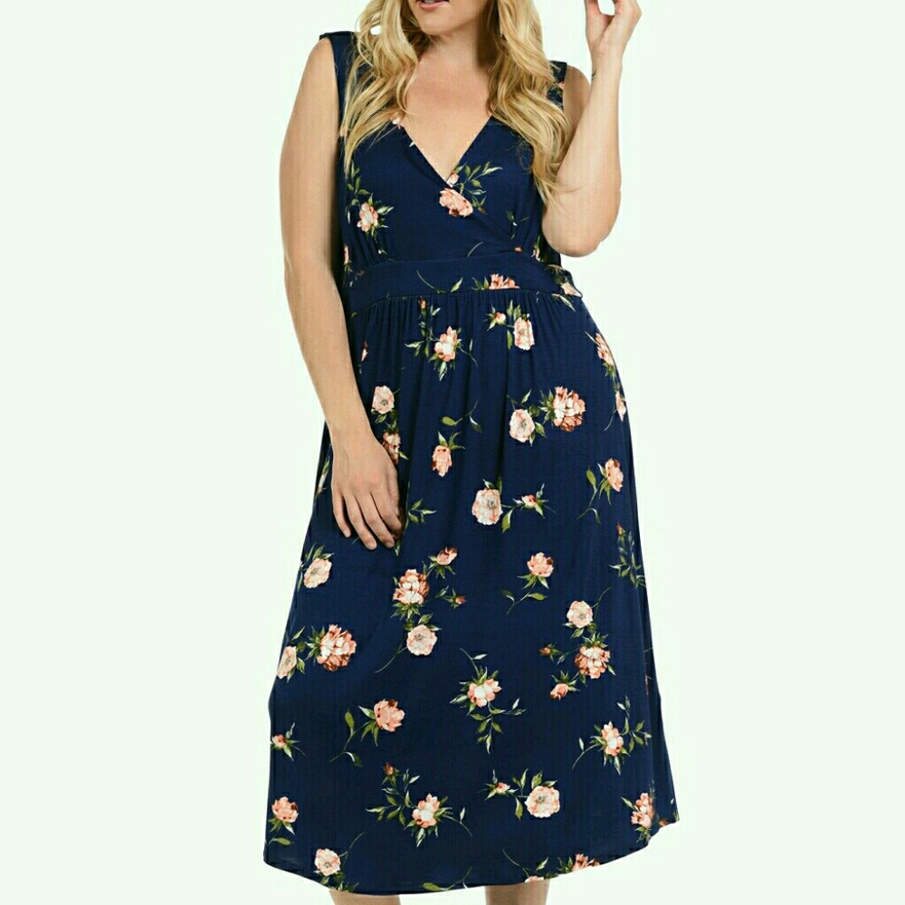 Bellini Plus Floral  V-Neck Midi Dress