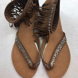 Tan bedazzled fringe sandals