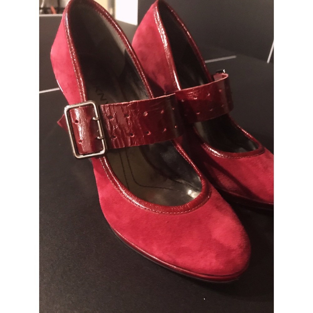 Burgundy  DKNY Mary Jane wedges, worn and loved