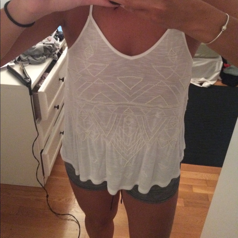 AEO White Embroidered Tank w/ lace up back