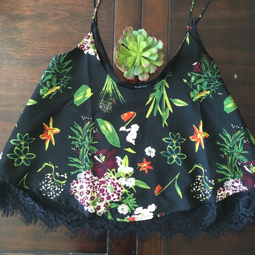 Silk crop top with lace detail