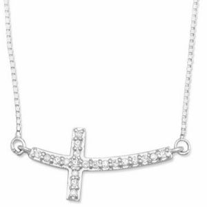 RHODIUM PLATED SIDEWAYS CROSS DIAMOND NECKLACE