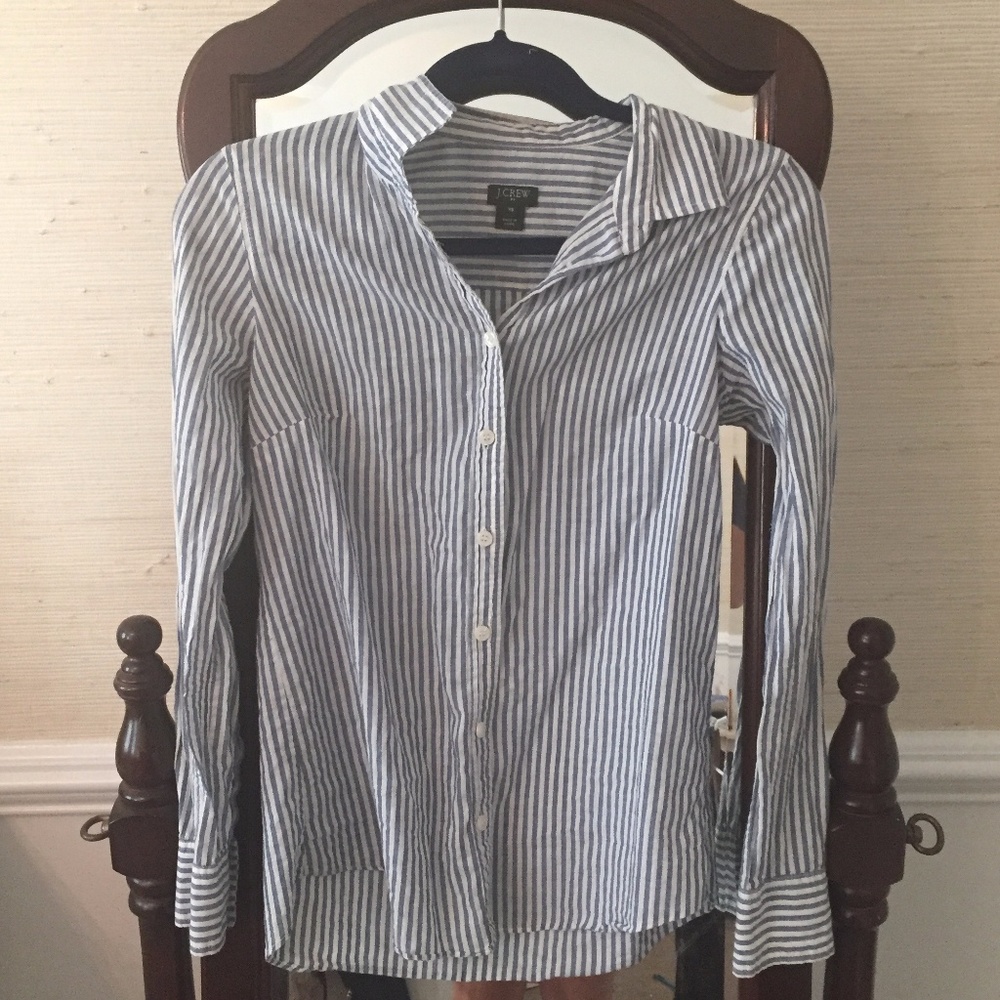 J Crew Pinstripe Button Down Blue Work Shirt Sz XS