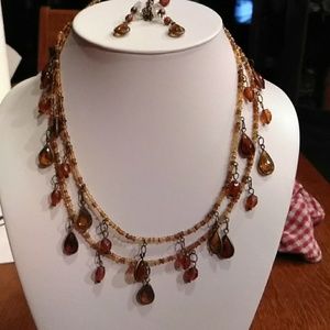 Brown Amber beaded 2 strand necklace/earrings