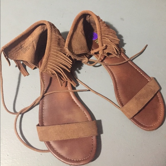 Shoes - BROWN SUEDE FRINGE SANDALS