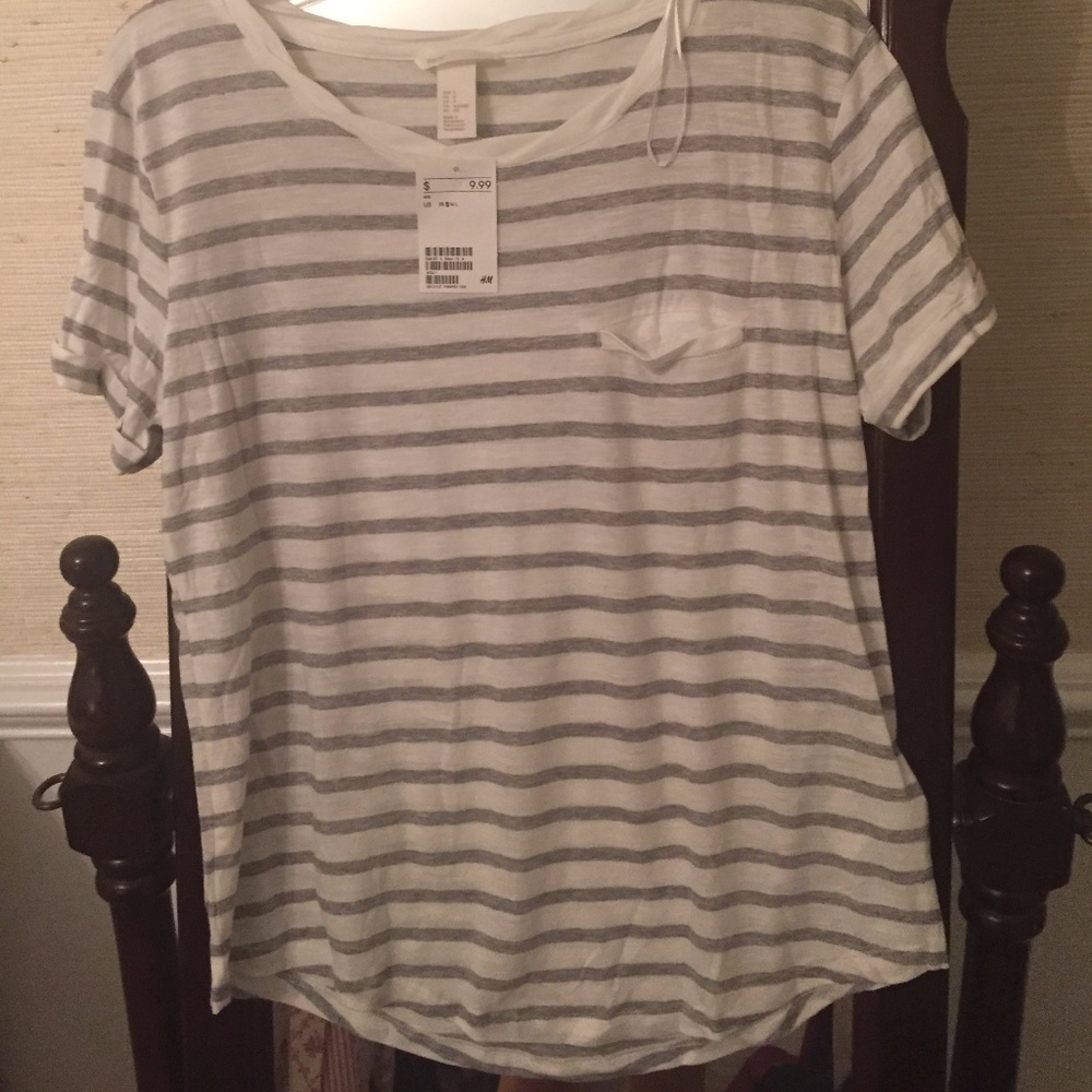 Brand New H&M T-Shirt Grey White Stripe Size S