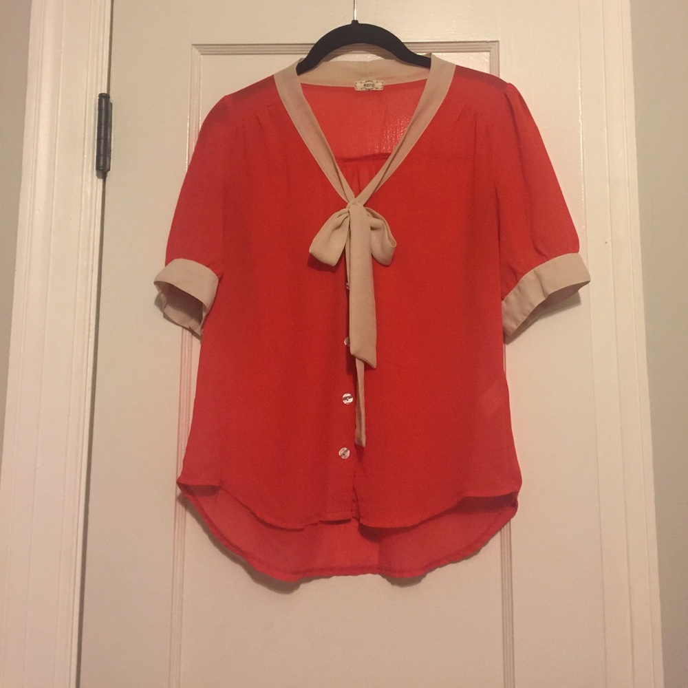 Red/Orange sheer blouse w/ tie bow