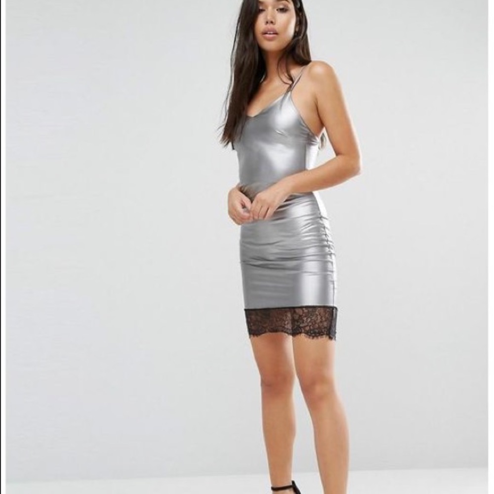✨ ASOS Boohoo Metallic Silver Cami Dress Lace Hem