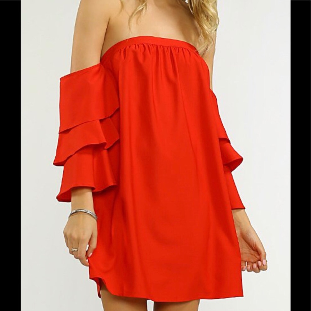 New Red Tiered Ruffle Sleeve Off Shoulder Dress