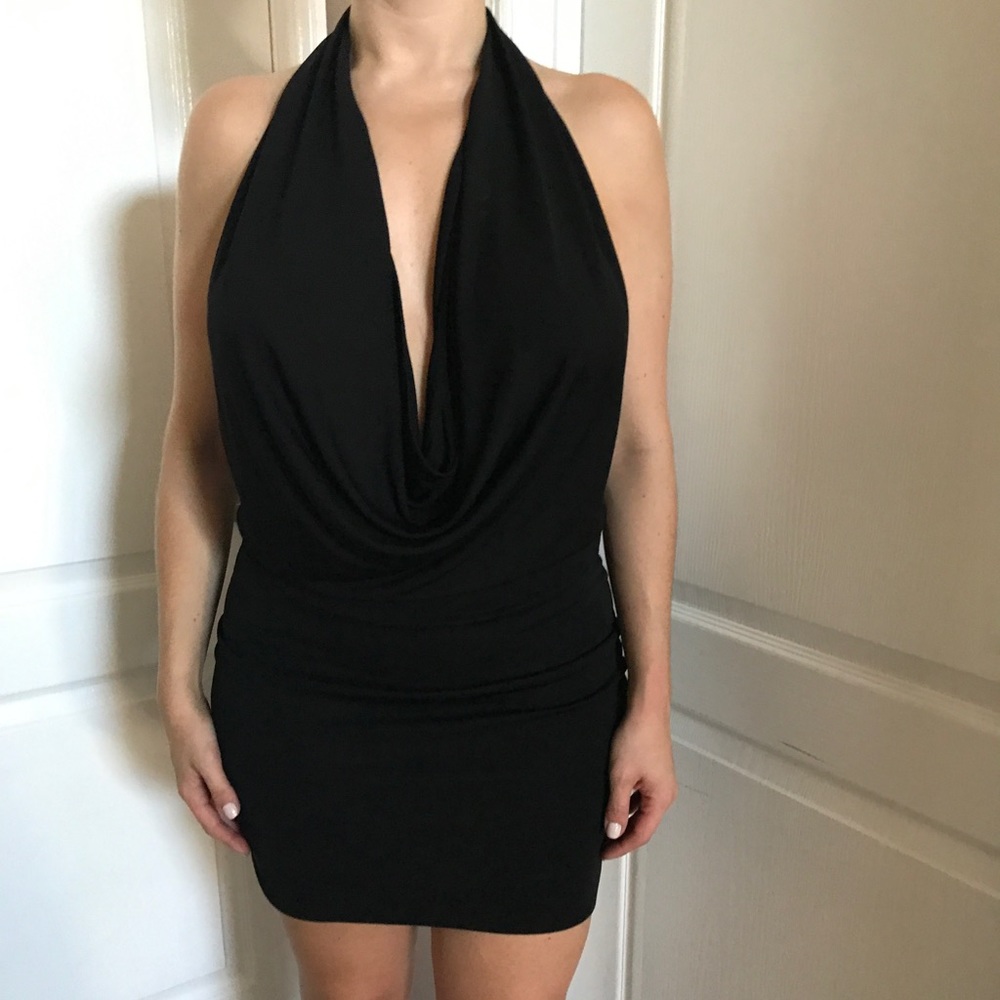 BCBG black backless halter LBD