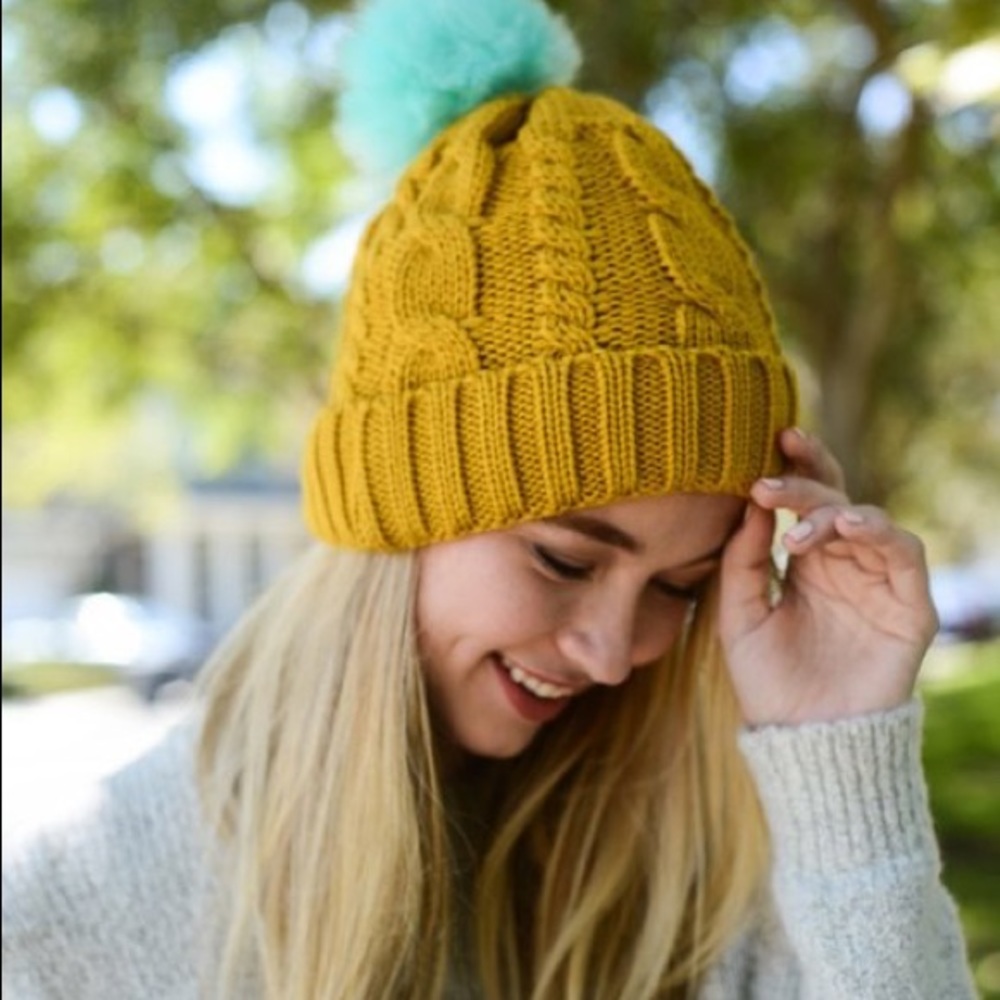 6 PACKS Mustard Pom Pom Beanies
