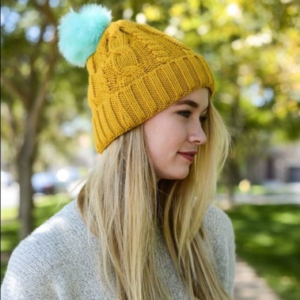 6 PACKS MUSTARD Pom Pom Beanies
