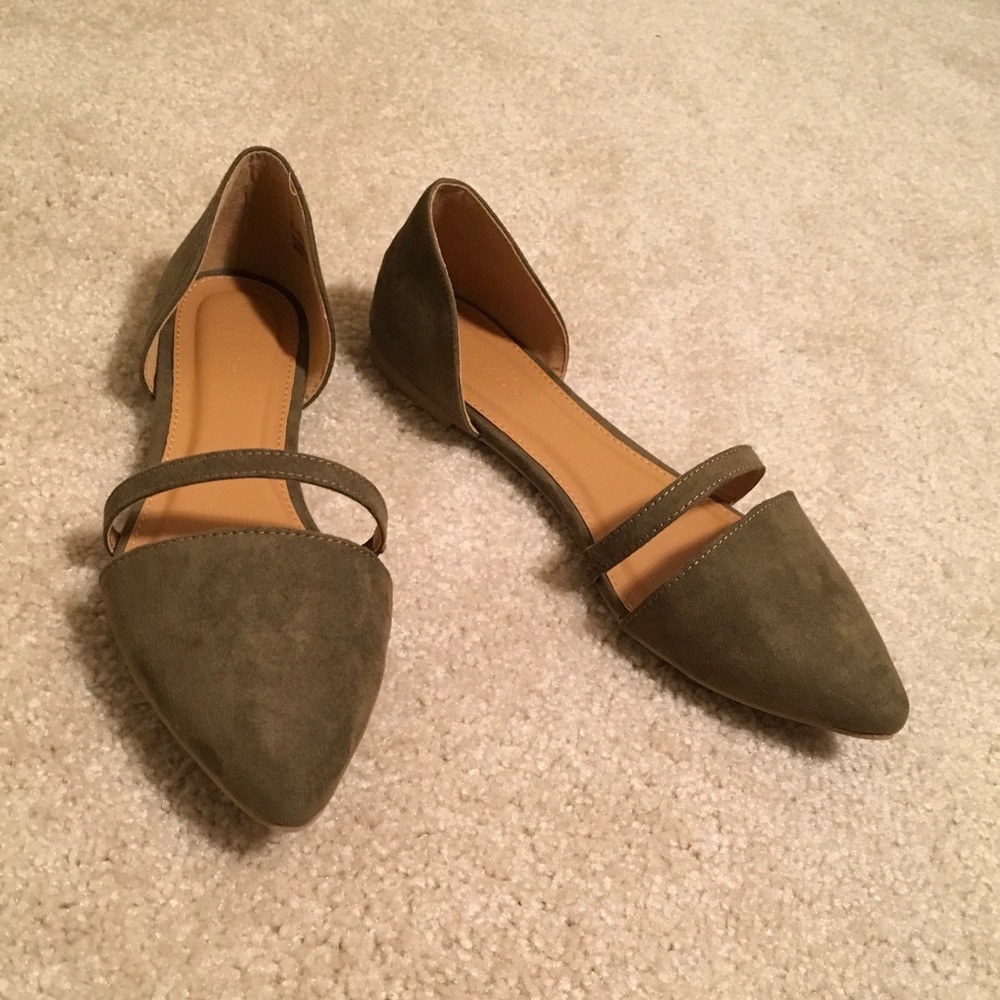 Olive Pointed Toe d'Orsay Flats with Accent Strap