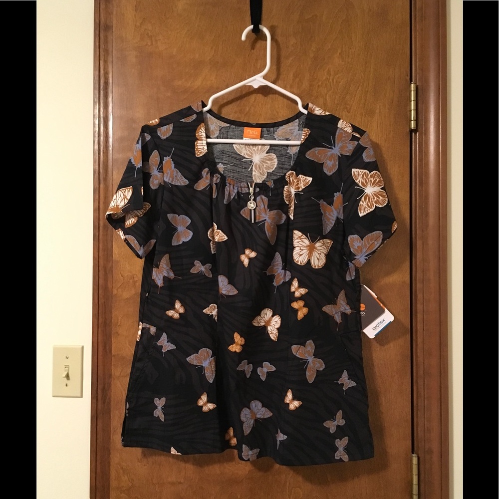 Butterfly Scrub Top with Jeweled Zipper Detail