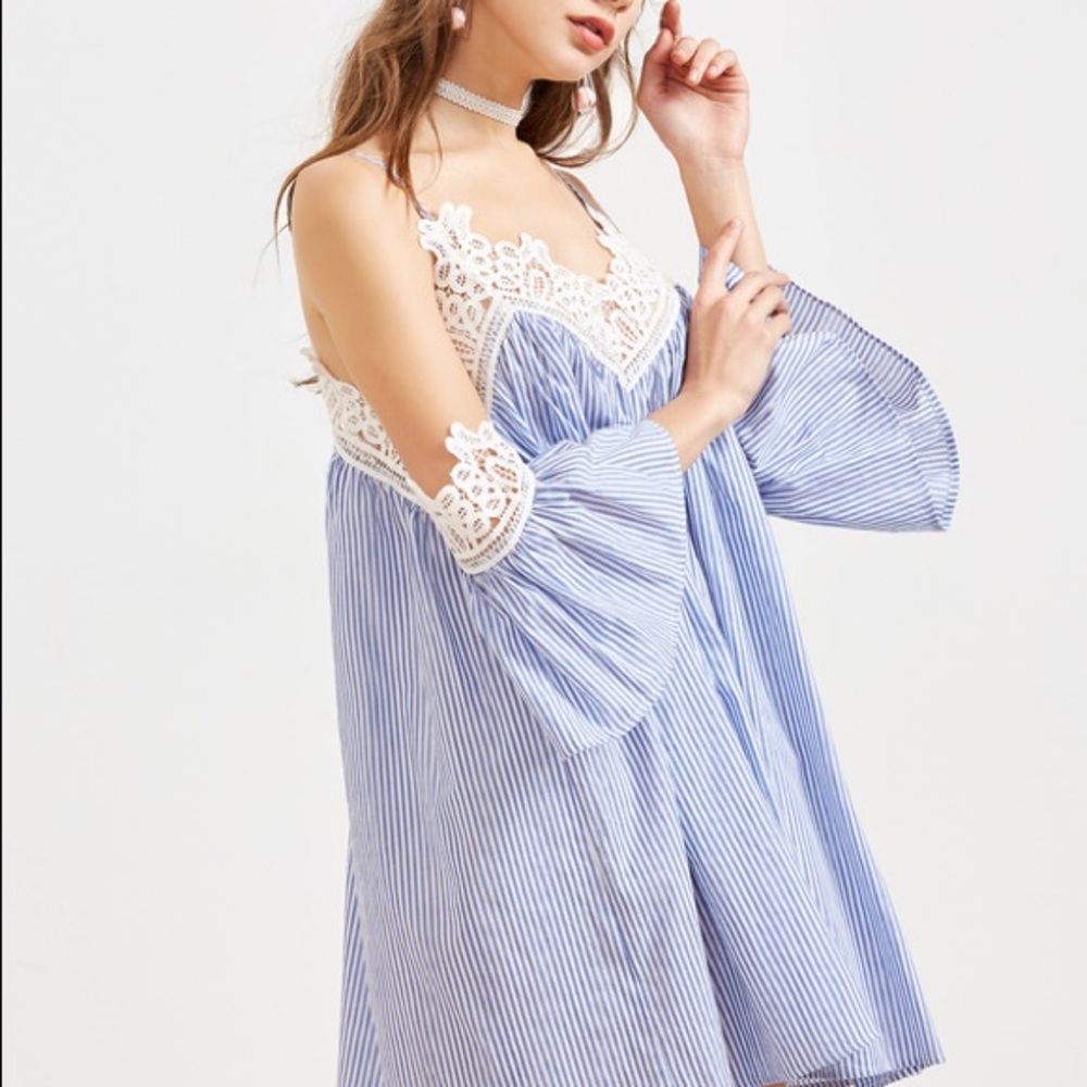 Lace trim Blue & white nautical stripe off shoulder dress boho summer dress - Picture 2 of 5