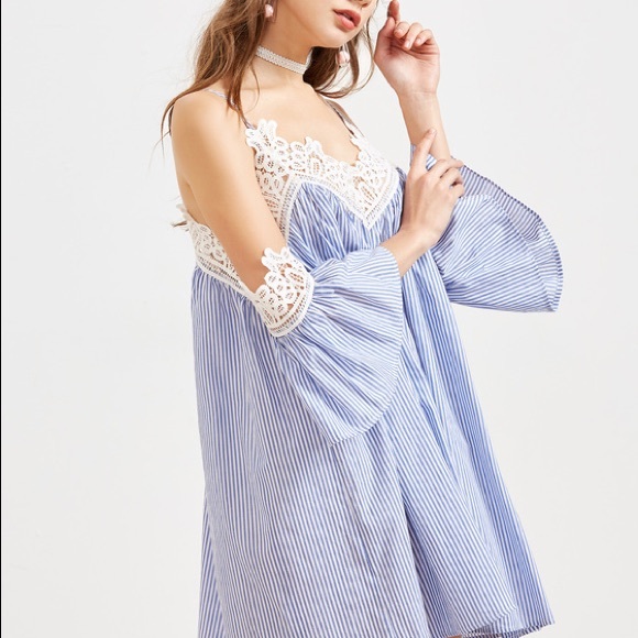 Lace trim Blue & white nautical stripe off shoulder dress boho summer dress - Picture 2 of 5