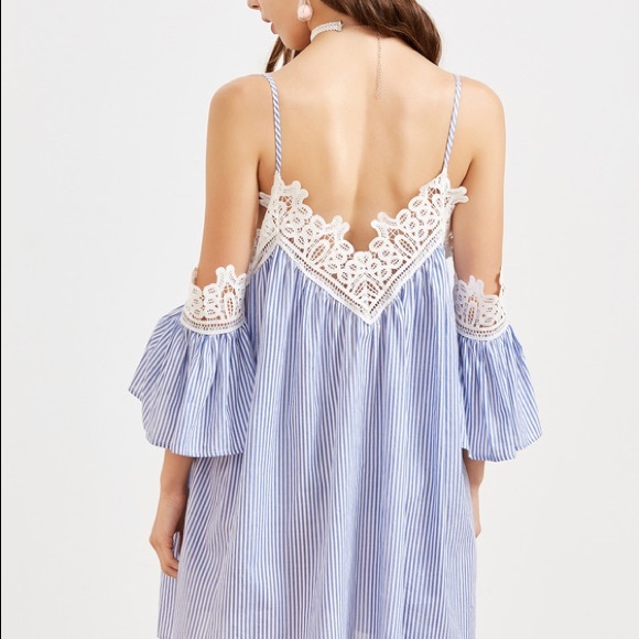 Lace trim Blue & white nautical stripe off shoulder dress boho summer dress - Picture 3 of 5