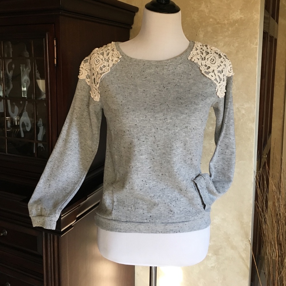 Love on a Hanger crochet lace gray sweatshirt