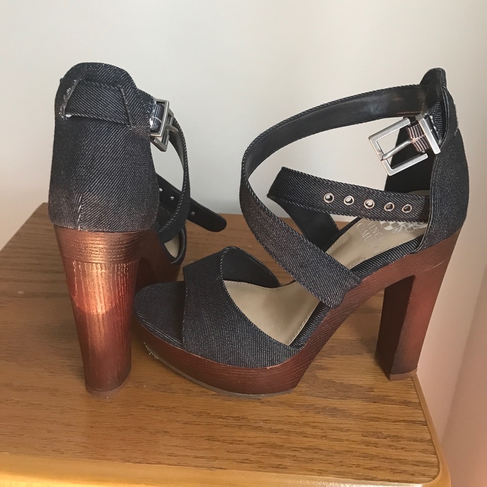 Vince Camuto Denim & Wood Sandals. Size 6.5
