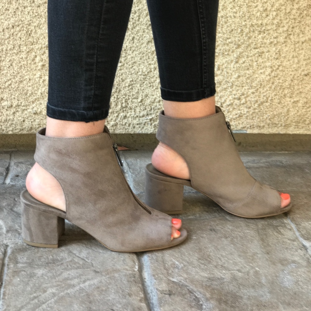 Taupe Peep Toe Open Back Zippered Top Bootie - Picture 6 of 8