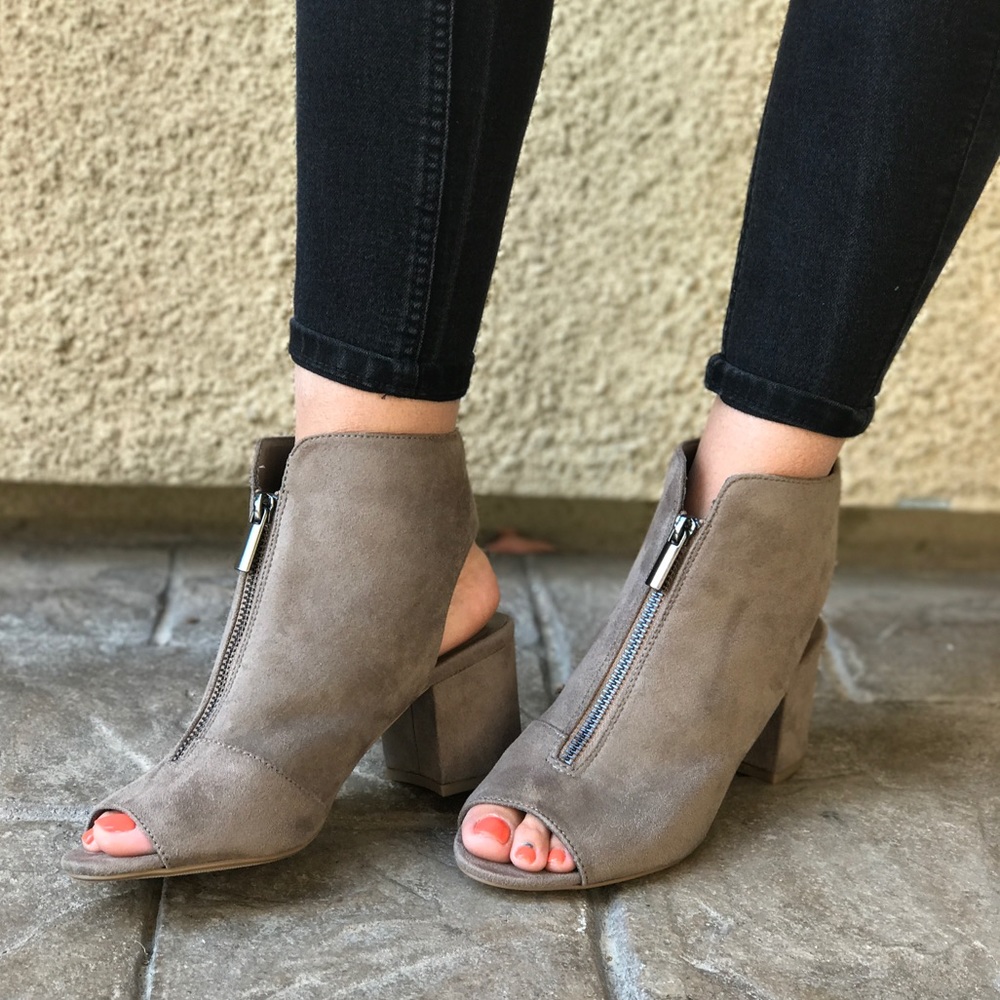 Taupe Peep Toe Open Back Zippered Top Bootie - Picture 7 of 8