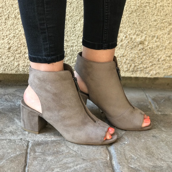 Taupe Peep Toe Open Back Zippered Top Bootie - Picture 5 of 8