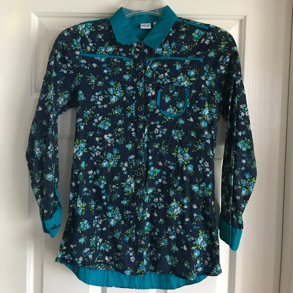 Blue/Teal Studded Floral Hipster/ Hippie Blouse