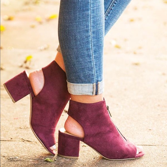 Boutique Shoes - Burgundy Red Peep Toe Low Heel Zippered Top Bootie