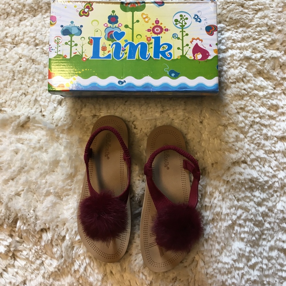 Link Burgundy Pom Pom Girls Sandals-3